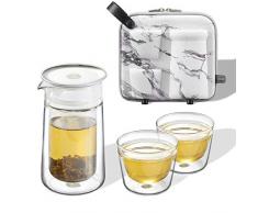 ZENS Tragbares Teeset, doppelwandige Glas-Teekanne, integriertes Teesieb, 2 transparente isolierte Glasbecher, Reisetasche für Picknick im Freien Asiatisch Marmorierung
