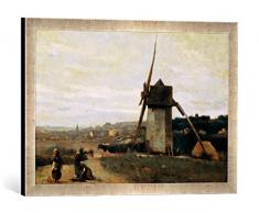 Gerahmtes Bild von Camille Corot Un Moulin à Vent. Etretat (Eine Windmühle. Etretat), Kunstdruck im hochwertigen handgefertigten Bilder-Rahmen, 60x40 cm, Silber Raya