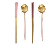 Mengbaobao MBB Essstäbchen und 2 Löffel, Edelstahl, 2 Paar Geschirr Pink-Gold