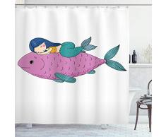 Meerjungfrau Vorhang für die Dusche von ambesonne, Baby Meerjungfrau Schlafen auf Top Giant Fisch Happy Best Friends Kids Kinderzimmer Thema, Stoff lila Badezimmer Decor Set mit Haken, 177,8 cm, Blaugrün