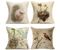 Qinqingo Baumwollleinen-Überwurf-Kissenbezug, Kissenbezug, Sofakissen, Heimdekoration, 4 Stück Casual 18x18 Vintage Bird Nest