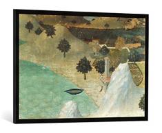 Gerahmtes Bild von Ambrogio Lorenzetti Landschaft mit Burg am Ufer, Kunstdruck im hochwertigen handgefertigten Bilder-Rahmen, 100x70 cm, Schwarz matt