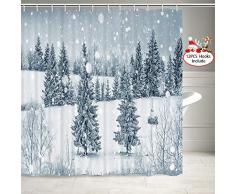 Winterwald Duschvorhang, Weihnachts-Winterwald mit Tannenbäumen und Schneeflocken, Badezimmervorhänge, schneebedeckter Wald, Landwirtschaft, Weihnachten, Idyllische Naturlandschaft, Vorhang, 12 Haken, 177,8 x 177,8 cm