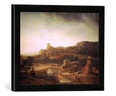 Gerahmtes Bild von Harmensz Van Rijn Rembrandt Flußlandschaft mit Windmühle, Kunstdruck im hochwertigen handgefertigten Bilder-Rahmen, 40x30 cm, Schwarz matt