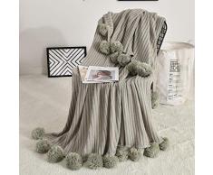 Fomoom Pompon-Überwurf, Decke, gestrickt, mit Pompon-Fransen, weiche Plüsch-Häkeldecke, dekorative Baumwoll-Pom-Decke für Couch und Sofa. 59x79 Baumwolle-hellgrau