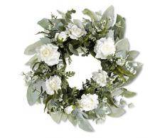 K&K Interiors 16287A Dekokranz mit weißer Rose und Eukalyptus-Kranz auf Grapevine Basis, 61 cm