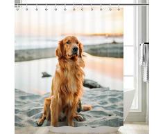 DYNH Golden Hair Duschvorhänge, gelber Golden Retriever Hund sitzt am Strand von The Sea Badvorhang, Polyester Stoff Badezimmer Vorhang mit 12 Haken, 177,9 x 177,8 cm