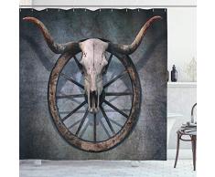 Barn Holz Wagon Rad Vorhang für die Dusche von ambesonne, Wild West Mottoparty Dekor mit Bull Totenkopf auf verkratzt Wagenrad, Wand, Stoff Badezimmer Decor Set mit Haken, multicolor, Textil, Multi 1, 69W x 75L