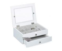 Relaxdays Schmuckkästchen mit 1 Schublade H x B x T: ca. 9 x 22 x 18 cm kleine Schatulle zur Schmuckaufbewahrung Schmuckbox mit Schubfach für Accessoires Schmuckkastenaus Holz mit Sichtfenster, weiß