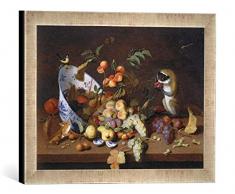 Gerahmtes Bild von Hans Van Essen Stilleben mit Früchten und Tieren, Kunstdruck im hochwertigen handgefertigten Bilder-Rahmen, 40x30 cm, Silber Raya