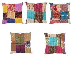 Indistar Set von 5 Überwurf Kissenbezug | Seide Patchwork Kissen mit Traditionelle Indische Kantha Arbeit | Dekorative Kissen, 18 x 18 inch-93100–474-iw-p5