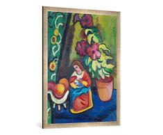 Gerahmtes Bild von August Macke Stilleben mit Madonna, Petunie und Äpfeln, Kunstdruck im hochwertigen handgefertigten Bilder-Rahmen, 70x100 cm, Silber Raya