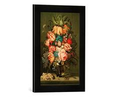 Gerahmtes Bild von Ambrosius Bosschaert der Jüngere Blumenstrauß in Glasvase mit Beiwerk, Kunstdruck im hochwertigen handgefertigten Bilder-Rahmen, 30x40 cm, Schwarz matt