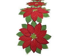 GR-Home Platzdeckchen Weihnachtsstern mit grüner bestickter Blume, für Neujahr oder Weihnachten, 4 Stück 14×71(36×180cm) Poinsettia with Green