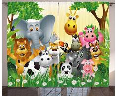 Kinder Einrichtung Vorhänge Durch ambesonne, niedliche Tiere in Jungle Elefant Giraffe Panda Bär Pig Löwe Nilpferd Rhino Cartoon, Wohnzimmer Schlafzimmer Fenster Drapes 2 Panel Set, multicolor, Textil, Multi 1, 108 W By 108 L