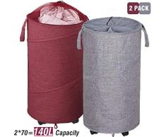Wäschekorb, zusammenklappbar, mit Rollen, Griffen und Netzdecken, intelligentes Design, groß, 70 l, Oxford-Gewebe, Weinrot und Grau, 2 Stück