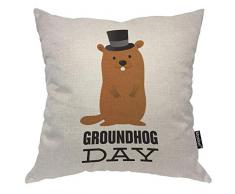 Moslion Groundhog Kissenbezug niedliches Tier mit schwarzem Hut Wort Happy Groundhog Day Überwurf Kissenbezug 40,6 x 40,6 cm Baumwolle Leinen Quadratisch Kissen Dekorative Bezug für Sofa Bett Braun Weiß 18x18 Inch J321-1