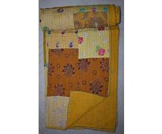 Jaipurtextilehub Patchwork-Seide Kantha-Decke, Kantha-Decke, Tagesdecke, Patch-Kantha-Überwurf, Kantha-Tagesdecke, Bohemian-Bettwäsche, King-Size-Bettdecke, 90 x 108 (Multi Patchwork) 90 X 108 Inch gelb