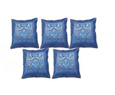 Vaiba Kissenbezug, indisch, traditionell, handgefertigt, Ethnischer Pfauen-Elefant, Seide, Zari-Brokat, 43 x 43 cm, Blau, 5 Stück