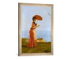 Gerahmtes Bild von Valentine Cameron Prinsep Frau mit Sonnenschirm am Strand der Insel Wight, ein Buch lesend - Emily Prinsep, Kunstdruck im hochwertigen handgefertigten Bilder-Rahmen, 70x50 cm, Silber Raya