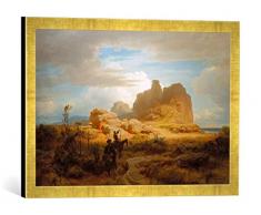 Gerahmtes Bild von Oswald Achenbach Südliche Landschaft mit Don Quixote, Kunstdruck im hochwertigen handgefertigten Bilder-Rahmen, 60x40 cm, Gold Raya