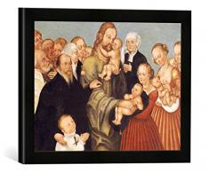 Gerahmtes Bild von Lucas Cranach der Jüngere Christus segnet die Kinder, Kunstdruck im hochwertigen handgefertigten Bilder-Rahmen, 40x30 cm, Schwarz matt