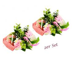 Teelichthalter / Windlicht mit Glaseinsatz im Kranz aus Rattan, dekoriert mit künstlichen Rosen und Vogel. Kunstblumen, Dekokranz, Kerzenhalter, Frühlingskranz, Teelicht, Osterdeko, 2er Set