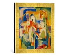 Gerahmtes Bild von Franz Marc Elefant, Pferd, Rind, Kunstdruck im hochwertigen handgefertigten Bilder-Rahmen, 30x30 cm, Gold Raya