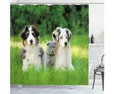 Hund Vorhang für die Dusche von ambesonne, Cute Pets Puppy Family in the Garden Australischer Hirten und eine Katze Scenery, Bad Decor Set mit Haken, cremefarben Stoff grau Fern Green, Textil, Multi 1, 69W x 75L