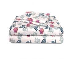 SUN WASHED Sonnenwaschbar, 100% Baumwolle, 170 g/m², Flanell, superweich, warm und flauschig, 4-teiliges Bettwäsche, bis zu 40,6 cm Tiefe Tasche. Queen Big Blossom Print