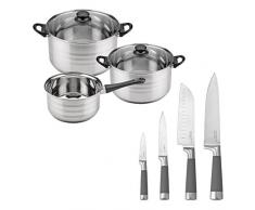 San Ignacio Topfset SIP 5 teilig Stielkasserolle + Zwei Töpfe mit Deckel aus Glas und 4-teilig Keramikmesser Set Küche: Chefkoch, Santoku, Allzweckmesser und Schäler