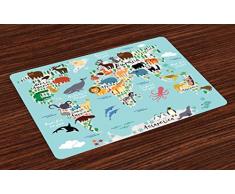 Lunarable Afrika Platzsets 4er Set Lern-Weltkarte Afrika Kamel Amerika Lama Alligator Ozean Australien Koala waschbar Stoff Tischsets für Esszimmer Küche Tisch Dekor Mehrfarbig