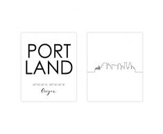 N&T City Skyline Wand Décor Prints – Set 2 Stück (8 x 10) Art Fotos – Typografie Minimalistische Poster 8x10 Portland