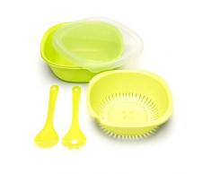 Amuse A-000093, grün Salatschüssel, Frischhaltedosen Set geeignet für Haushalt & Camping, Aufbewahrungsbox mit Deckel, Sieb & Besteck, Schüssel, Kunststoff