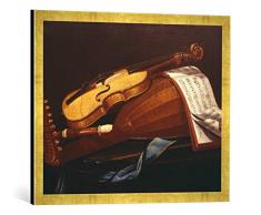 Gerahmtes Bild von Evaristo Baschenis Stilleben mit Musikinstrumenten und Notenblatt, Kunstdruck im hochwertigen handgefertigten Bilder-Rahmen, 70x50 cm, Gold Raya