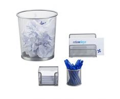 Relaxdays Schreibtisch Organizer 4er Set Metall, Schreibtisch-Set, Ablage, Zettelbox, Stifteköcher, Mülleimer, silber