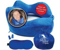 My Perfect Nights MPNs Luxury Neck Pillow for Airplane Travel (Kit) Therapeutic High-Neck Soft Breathable Comfortable & 100% Pure Memory Foam with Washable Velour Cover Free Ear Plugs & Eye Mask for Restful Sleep