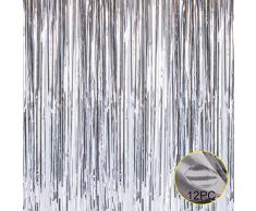 Folie Fransen Metallic Vorhang Hintergründen – mit Ballon Sticks 3,3 ftx6.6ft Lametta glänzend Vorhänge Ideal für Foto Booth Party/Fenster/Tür Dekorative Fransen Gardinen, 1 Paar Silberfarben