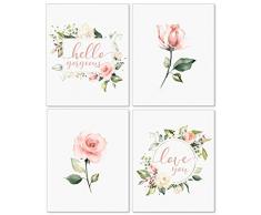 Wanddekoration für Kinderzimmer, Konfetti, Fuchs, Blumenmotiv, 8 x 10 cm, ungerahmt, 4 Stück, Perlendrucke – Baby Mädchen Blumen Zitate Dusche Schlafzimmer Badezimmer Dekoration – Rosa Rosen Hello Gorgeous Love