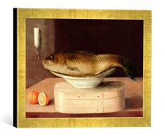 Gerahmtes Bild von Sebastian Stosskopf Stilleben mit Karpfen und Spanschachtel, Kunstdruck im hochwertigen handgefertigten Bilder-Rahmen, 40x30 cm, Gold Raya