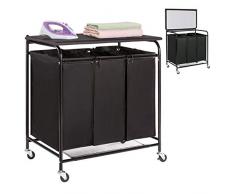 HollyHOME Wäschesortierwagen mit faltbarem Bügelbrett, mit 3 Taschen, robuster Wäschekorb mit abnehmbaren Taschen, mobiler Bremskasten schwarz