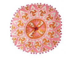 Creative Co-op Kissen, rund, mit rosa Bommeln, Baumwolle Bestickt, Rosa/Orange