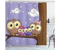 Kinder Decor Vorhang für die Dusche von ambesonne, Cartoon Stil Eule Familie Mutter Vater Tochter Sohn sitzend auf einem Ast, Stoff Badezimmer Decor Set mit Haken, braun Lavendelduft und, Textil, Multi 1, 69W x 70L