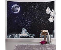 SYNEE Wandteppich Mond Sterne Weltall Galaxie Wandteppich Universum Sternenhimmel und weiße Wolke Tapisserie dunkelblau Psychedelic Art Decor Wand Hanging for Dorm Wohnzimmer Schlafzimmer M 51.2×59.1 #1 Moon Stars