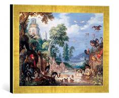 Gerahmtes Bild von Roelant Jakobsz Savery Landschaft mit Vögeln, Kunstdruck im hochwertigen handgefertigten Bilder-Rahmen, 40x30 cm, Gold Raya