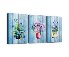 Leinwandbild für Wohnzimmer, Badezimmer, Wanddekoration, Sonne, Strand, Meer, Kokosnussbaum, Ozeanlandschaft, Gemälde zum Aufhängen, Dekoration für Büro, Schlafzimmer, Küche, Arbeit, Leinwand, 50,8 x 101,6 cm 16x24inches*3pcs Blue Wood Grain Potted