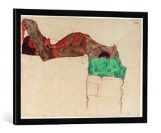Gerahmtes Bild von Egon Schiele Liegende männlicher Akt mit grünem Tuch, Kunstdruck im hochwertigen handgefertigten Bilder-Rahmen, 70x50 cm, Schwarz matt