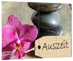 Pixxprint HBVs_2043_80x60 kleine Auszeit mit Zensteinen und Orchidee MDF-Holzbild im Bretterlook Wanddekoration, bunt, 80 x 60 x 2 cm