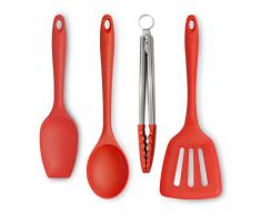 Zeal JSET40R Antihaft-Silikon-Kochzange, Pfannenwender, Löffel und Kochlöffel, 4-teiliges Set, rot