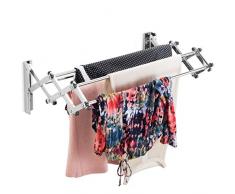 Bartnelli Wäscheständer, zur Wandmontage, 8 Glatte runde Edelstahlstäbe, 22 lineare Füße, kompaktes und schlankes Design, Kapazität von 45 kg